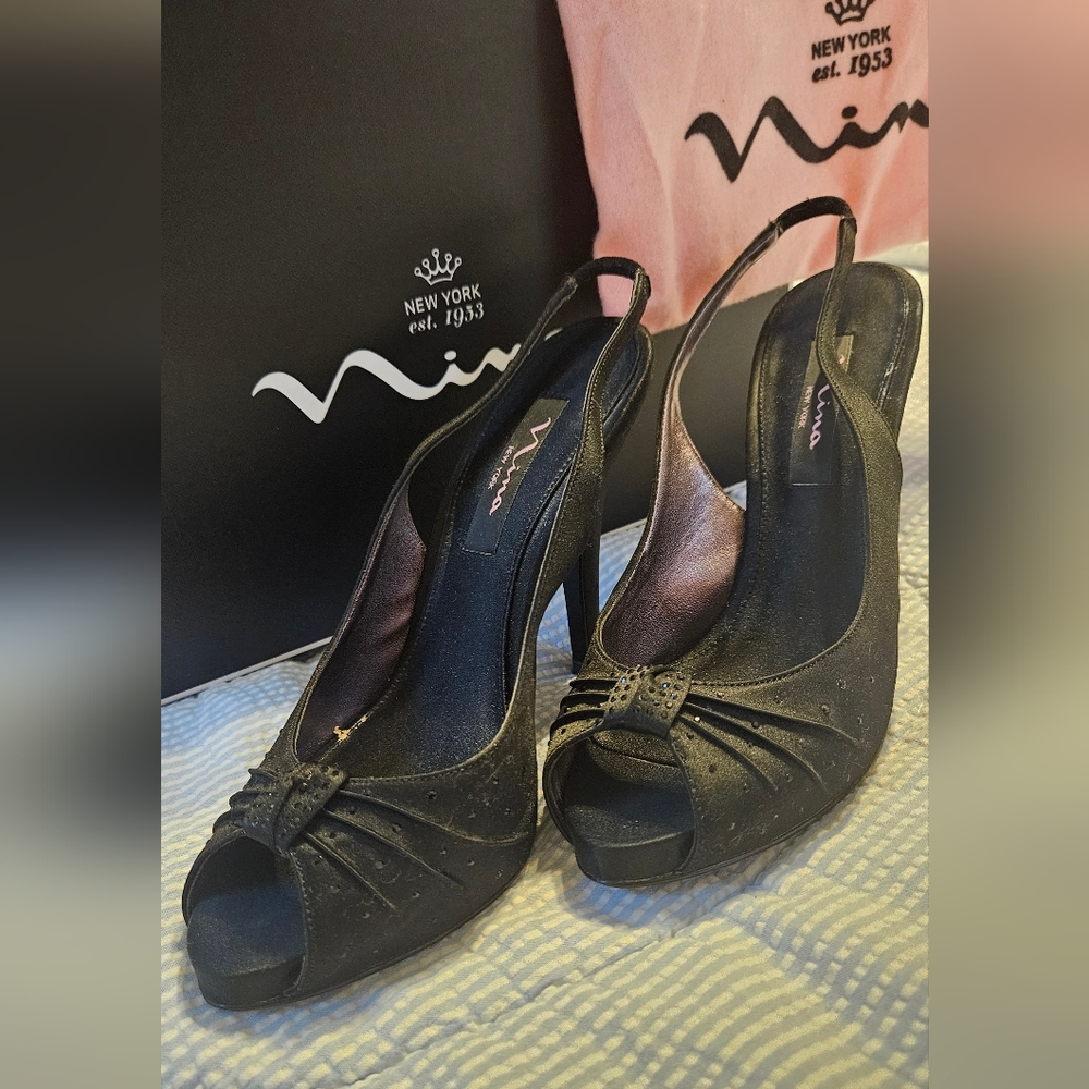 Nina Black Heels Classic Elegant Design, Open Toe, Pump, Platform